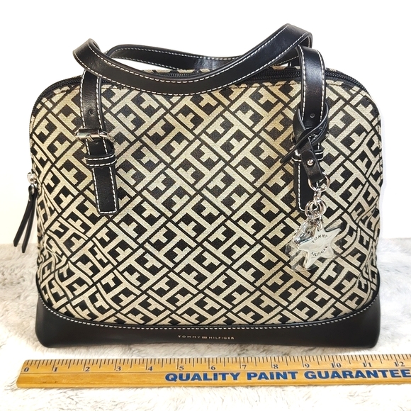 NWT Tommy Hilfiger Black and Tan In Signature Canvas Print Satchel - Picture 10 of 12